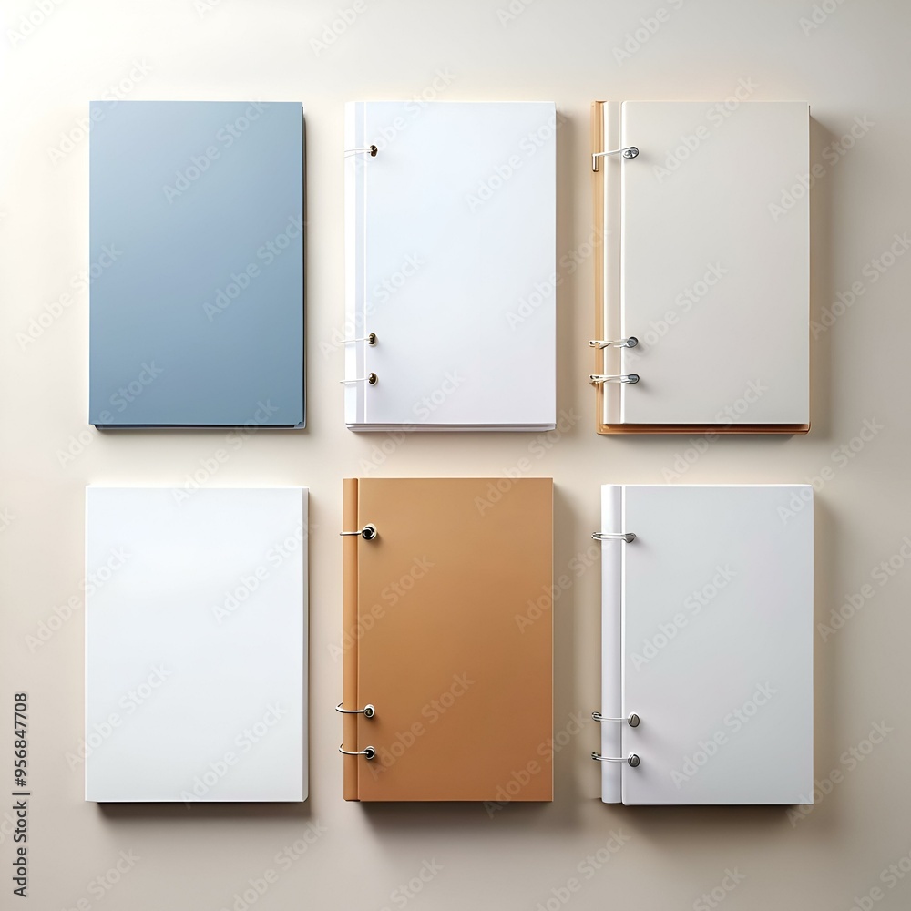 Six blank notebooks with different colored covers lie flat on a beige surface. Six blank notebooks with different colored covers lie flat on a beige surface.