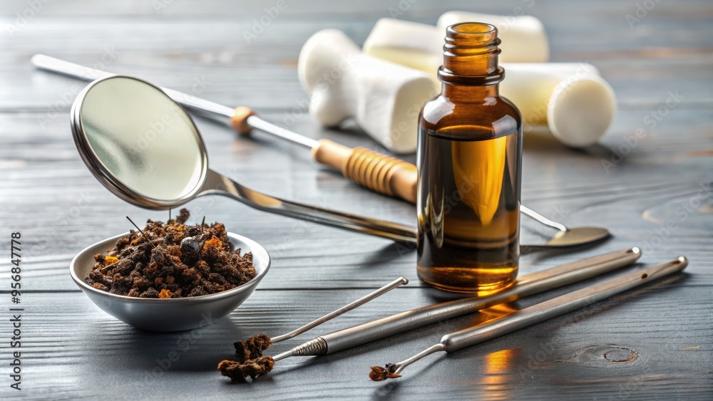 A small bottle of clove essential oil sits on a dental mirror and tooth model, surrounded by dental tools, highlighting its use in oral care remedies. A small bottle of clove essential oil sits on a dental mirror and tooth model, surrounded by dental tools, highlighting its use in oral care remedies.