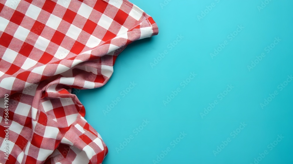 Fototapeta premium Red and White Checkered Tablecloth on a Blue Background
