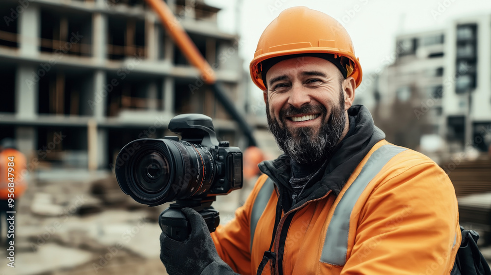 A bearded construction worker wearing an orange hard hat and safety vest poses with a camera on a construction site with buildings in the background. A bearded construction worker wearing an orange hard hat and safety vest poses with a camera on a construction site with buildings in the background.