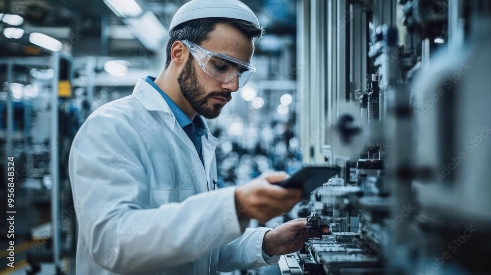 Fototapeta premium A quality control specialist examines products on an assembly line, emphasizing precision, global standards, and innovation in manufacturing