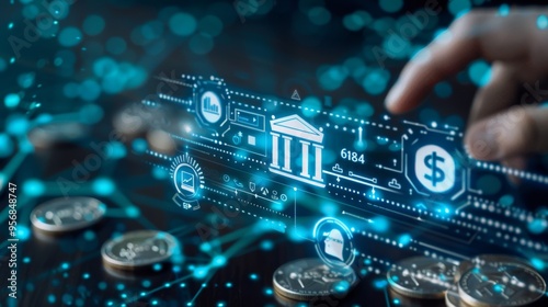 Digital Banking and Financial Technology Concept. A person presents digital banking and financial technology icons, and currency symbols, emphasizing modern online payment systems and e-commerce.