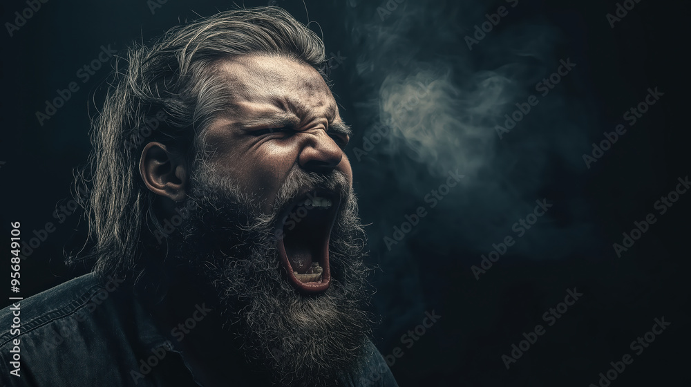 Bearded man screaming with dramatic smoke effect in dark background Bearded man screaming with dramatic smoke effect in dark background