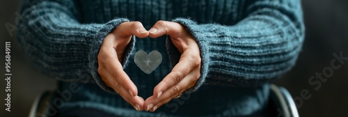 A person wearing a cozy sweater holds a small heart-shaped object gently in their hands, conveying warmth, care, and compassion in a close-up composition.