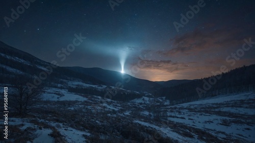 Hessdalen Lamp light phenomenon, hilly landscape with strange light radiating in the night sky, Ai generated Images photo