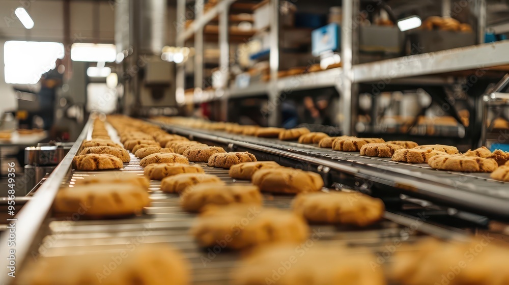 sweet production artisanal cookie factory with conveyor belt carrying freshly baked treats industrial bakery scene food industry photography sweet production artisanal cookie factory with conveyor belt carrying freshly baked treats industrial bakery scene food industry photography