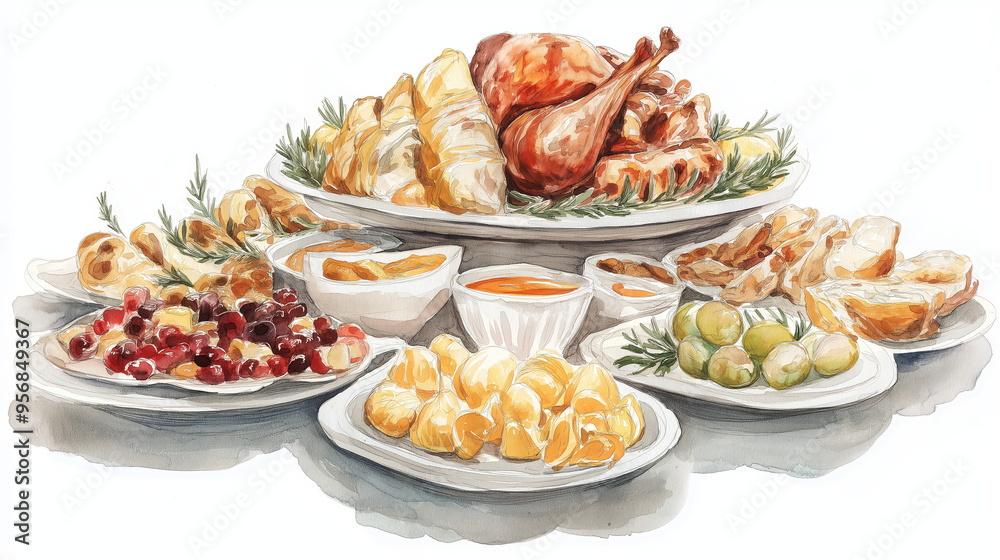 A beautifully arranged feast featuring roasted turkey, sides, and desserts, perfect for festive celebrations and gatherings. A beautifully arranged feast featuring roasted turkey, sides, and desserts, perfect for festive celebrations and gatherings.