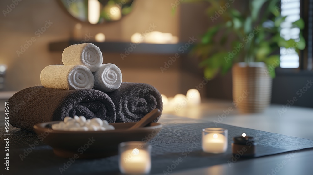 Relaxing spa setup with towels, candles, and pebbles in a tranquil setting featuring soft lighting and soothing ambiance Relaxing spa setup with towels, candles, and pebbles in a tranquil setting featuring soft lighting and soothing ambiance