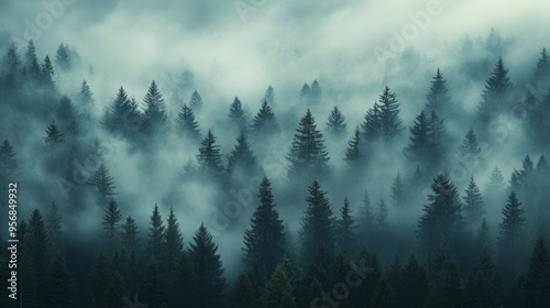 A moody and misty landscape featuring a dense pine forest, evoking a sense of tranquility and enchantment in nature.