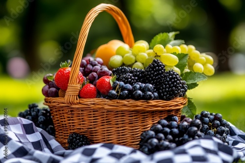 Still life, fruits, wicker basket, checkered cloth recall the simple pleasures of a picnic