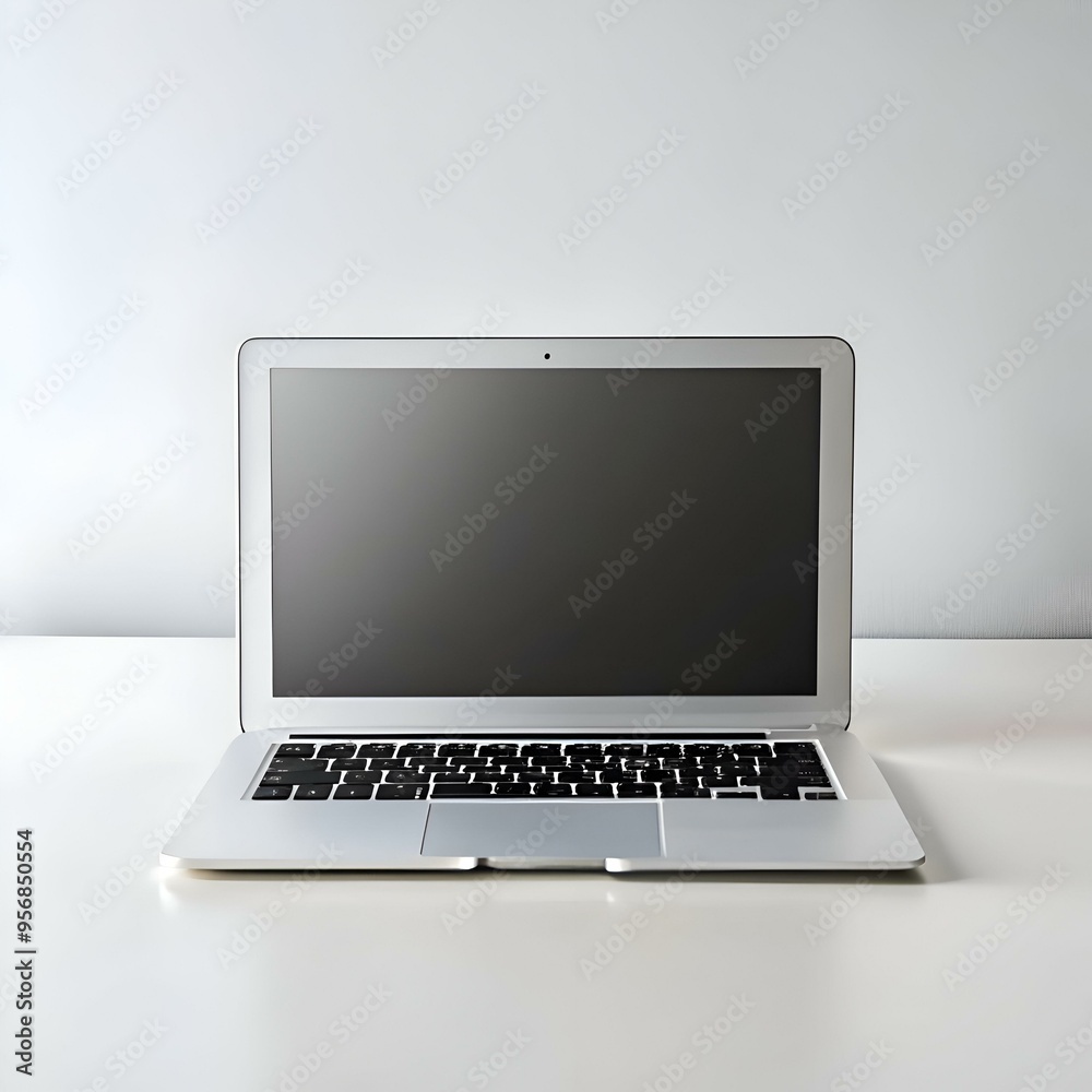 A clean. modern laptop with a blank screen sits on a white desk. A clean. modern laptop with a blank screen sits on a white desk.