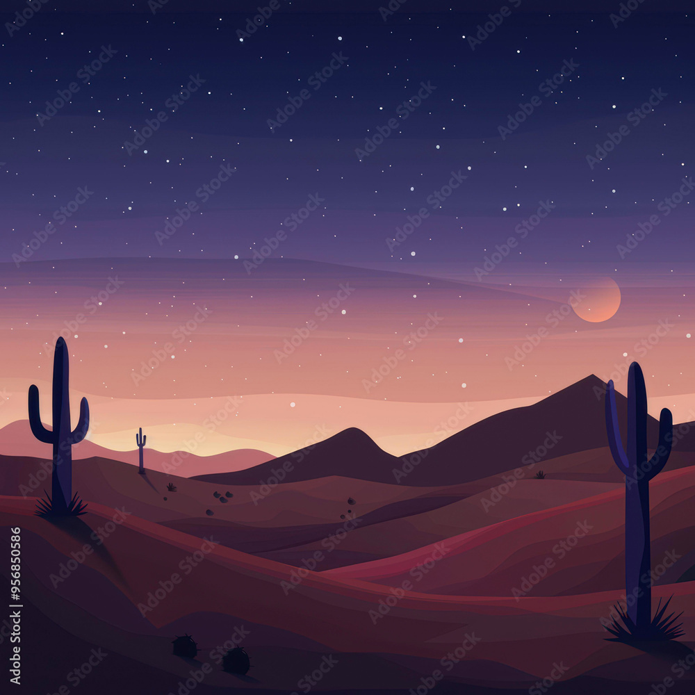 Fototapeta premium A serene desert landscape at twilight with cacti silhouettes, star-filled sky, and rolling hills, suitable for nature-themed projects, backgrounds, or travel content,