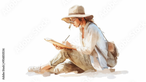 A woman sitting outdoors, writing in a notebook, wearing a sun hat and casual attire, embodying creativity and inspiration. photo