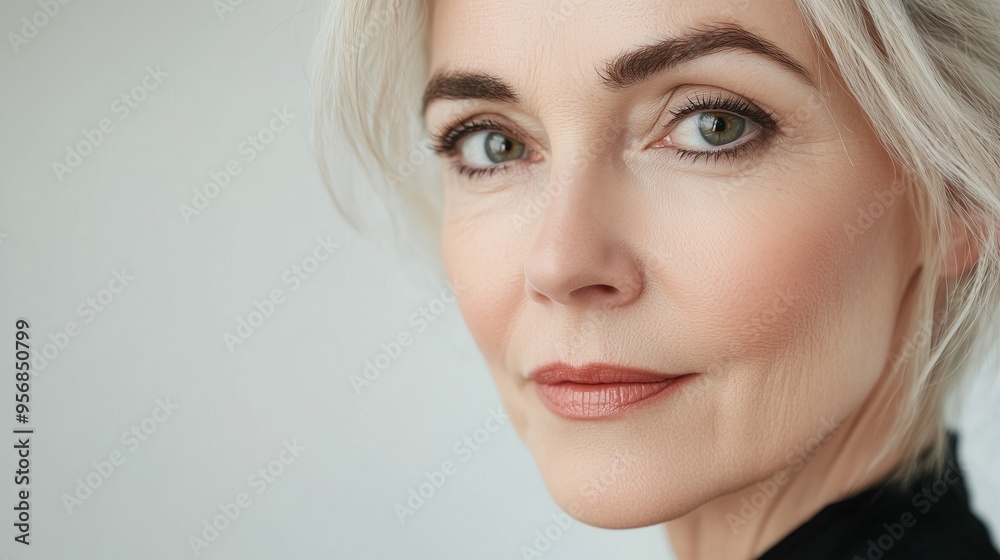 Obraz premium Elegant woman with captivating eyes and silver hair poses gracefully in a minimalist indoor setting during daylight