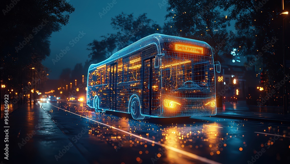 Φωτογραφία A wireframe rendering of an electric school bus driving through the city, with blue and yellow neon lights in the background