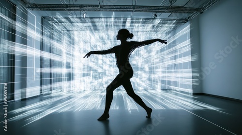 A solo dancer in a high-tech studio, her movements triggering projection mapping visuals that transform the space around her dynamically.