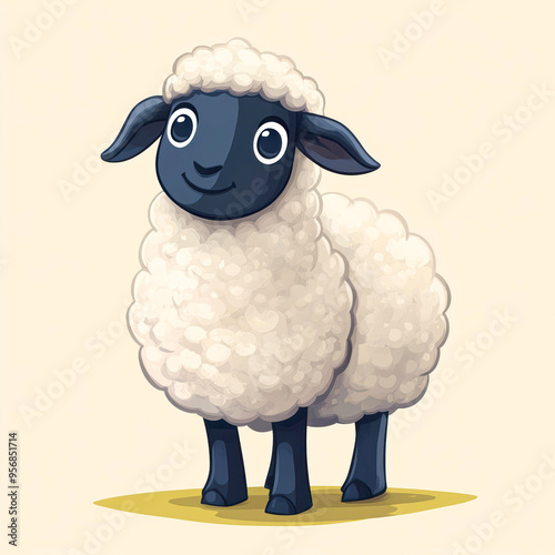 A cute, fluffy cartoon sheep with big eyes stands on a light beige background, ideal for children's books, educational materials, or farm-themed projects, photo