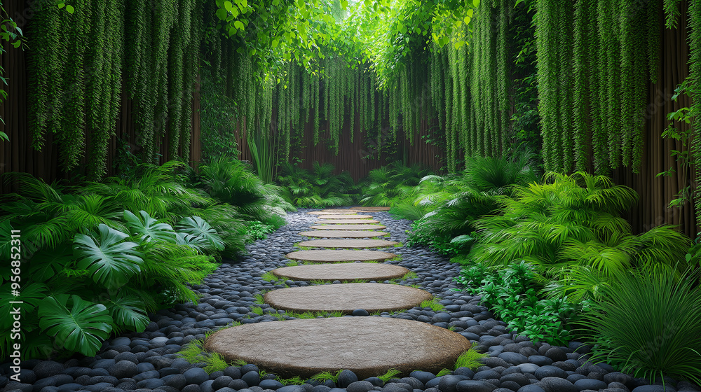 Serene Pathway Through a Verdant Oasis with Stone Steps and Cascading Green Vines in a Peaceful Garden Setting Serene Pathway Through a Verdant Oasis with Stone Steps and Cascading Green Vines in a Peaceful Garden Setting