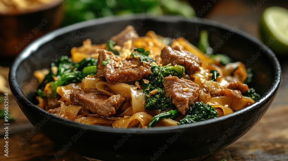 Beef Pad See Ew with broccoli in black bowl
Beef Pad See Ew with broccoli in black bowl