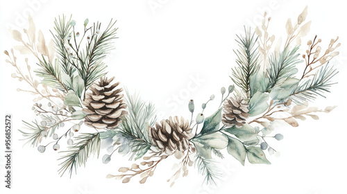 Elegant watercolor arrangement of pine cones and greenery, perfect for holiday decorations and seasonal designs.