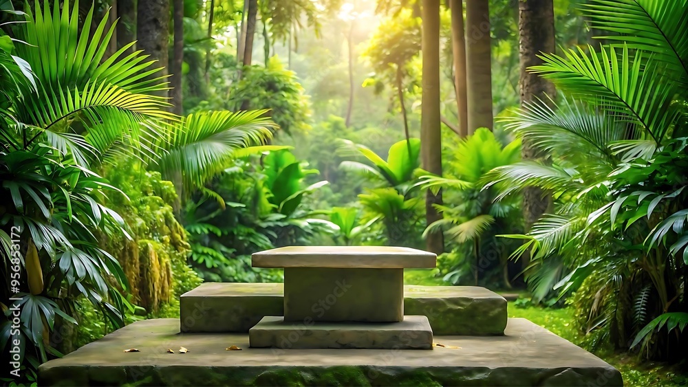 Stone podium in the tropical forest and leave around Stone podium in the tropical forest and leave around