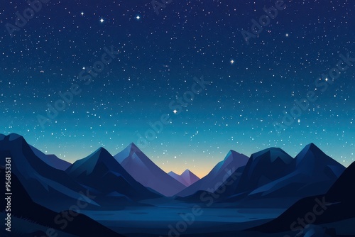 Mountains under a starry night sky with a lake in the valley photo