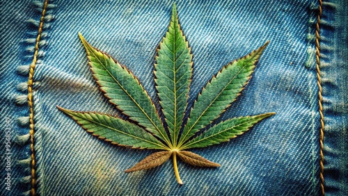 A stylized cannabis leaf emblem on a distressed, worn, and frayed denim background, symbolizing counterculture and alternative lifestyles, with earthy tones and textured details. photo