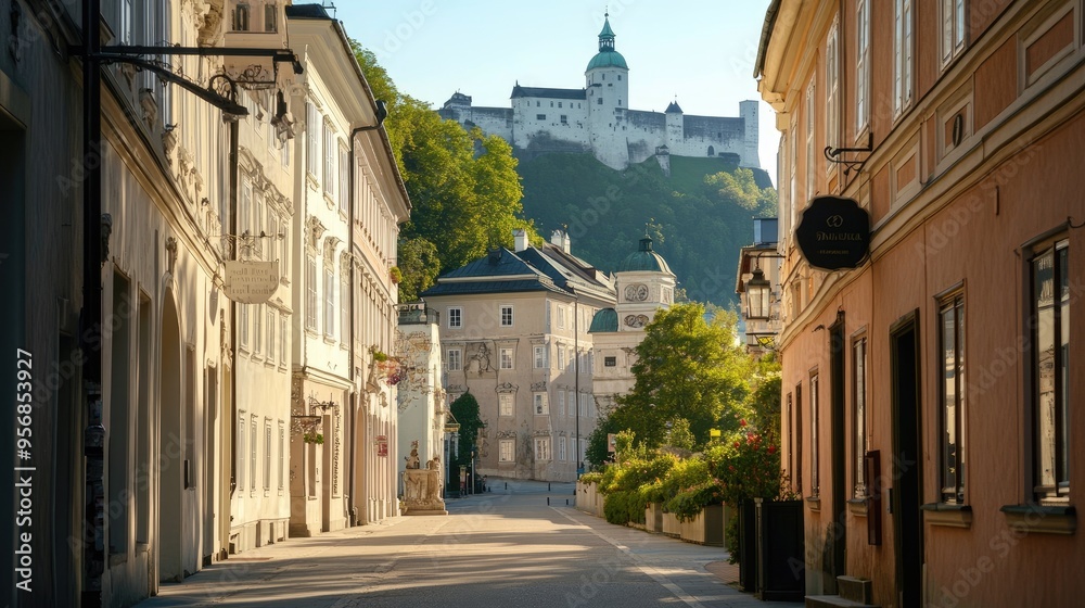 Fototapeta premium The peaceful streets of Salzburg, Austria, with historic buildings and scenic views, captured without any people.