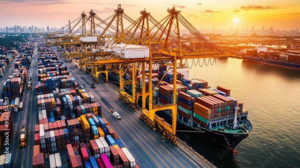 Cranes working at a busy sea port, with containers being lifted and moved between ships and the dock. Emphasizes logistics and shipping efficiency.