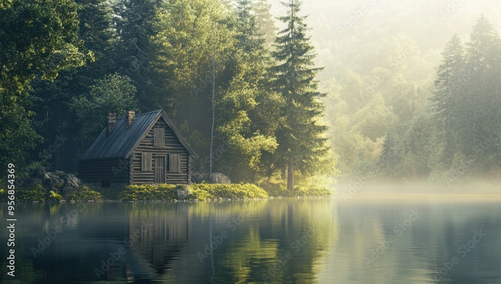 Fototapeta premium Cabin by the Lake in a Misty Forest