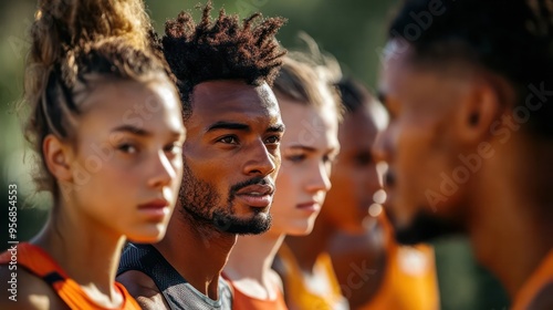 A track coach gives a pep talk to a diverse group of runners, their faces showing focus and anticipation, ready to give their best on the track