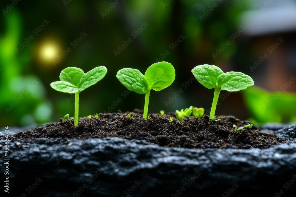 Tiny sprout, soft soil, tender care marks the start of a plant's life Tiny sprout, soft soil, tender care marks the start of a plant's life