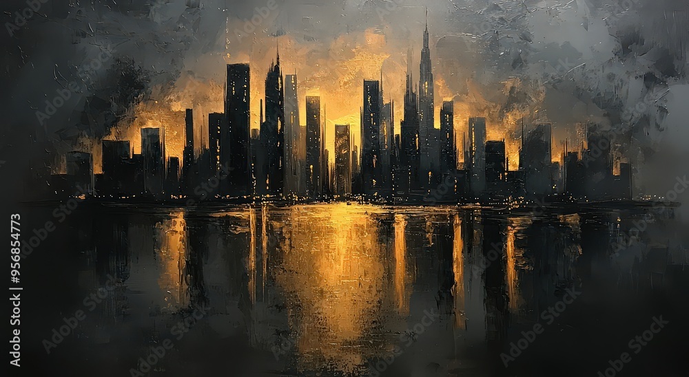 Abstract painting of a black and gold city skyline, with brushstrokes in neutral tones. 