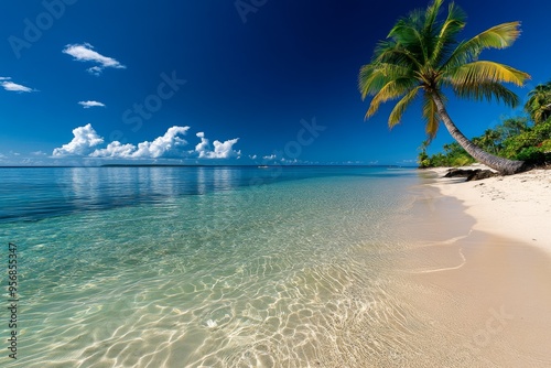 Tropical scenery, palm trees, crystal-clear waters evoke a sense of paradise on a distant island