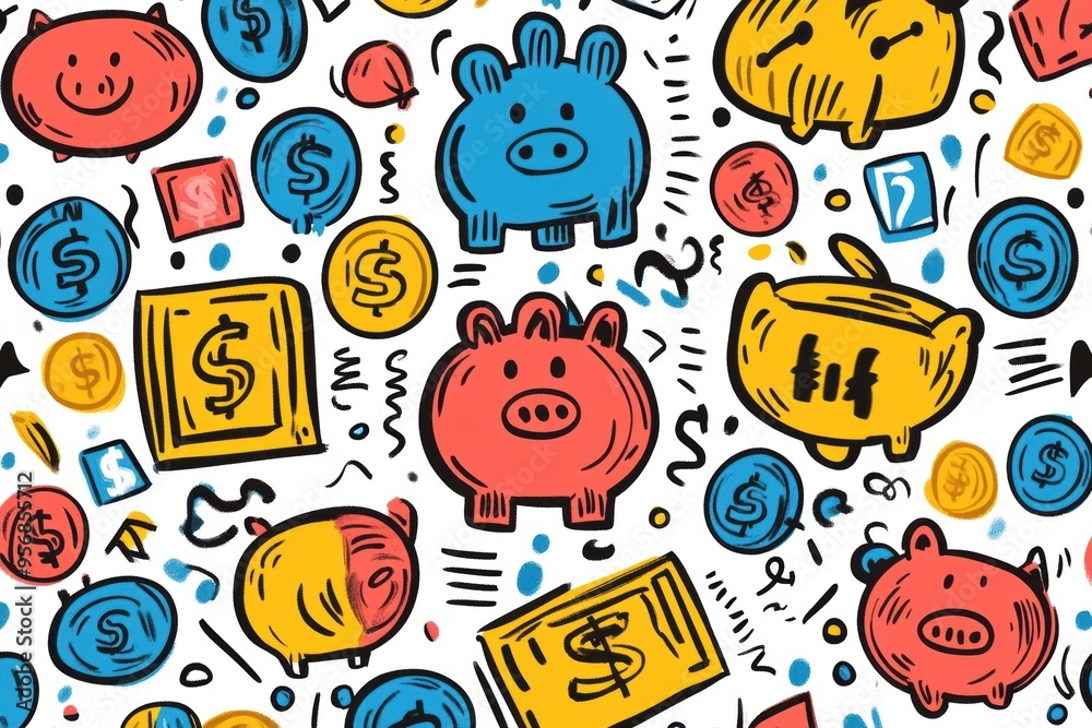 Colorful Doodle Pattern Representing Financial Freedom with Dollar Signs, Piggy Banks, and Coins Colorful Doodle Pattern Representing Financial Freedom with Dollar Signs, Piggy Banks, and Coins
