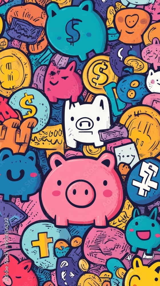 Colorful Doodle Pattern Representing Financial Freedom with Dollar Signs, Piggy Banks, and Coins Colorful Doodle Pattern Representing Financial Freedom with Dollar Signs, Piggy Banks, and Coins