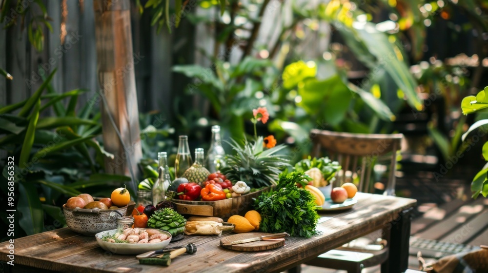 Outdoor table adorned with seasonal produce in a vibrant garden setting promoting plant-based diets Outdoor table adorned with seasonal produce in a vibrant garden setting promoting plant-based diets