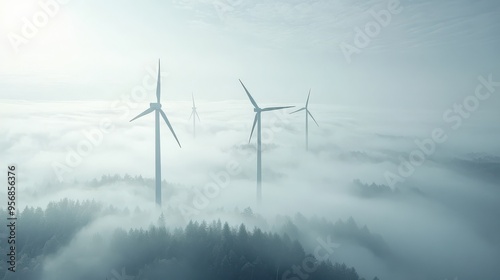 Wallpaper Mural Aerial view of wind turbines emerging from the mist, showcasing renewable energy production in a serene landscape. Torontodigital.ca
