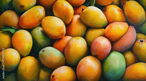 Oil painting showcasing various mango fruits in shades of yellow and green highlighting different types of mangoes