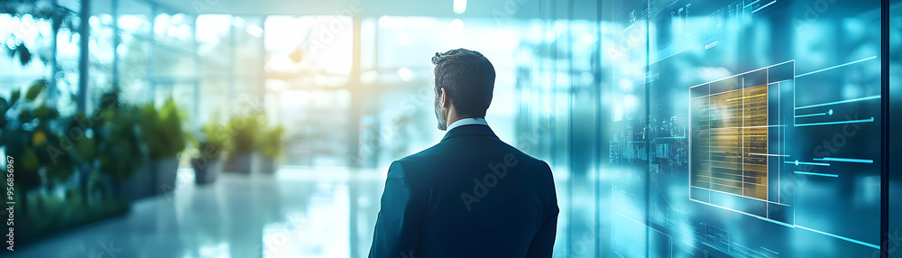 HR professional conducting interviews in a glossy virtual setting concept as Camera movement Zoom into the HR professional screen showing interview questions with a glossy professional background. Sce