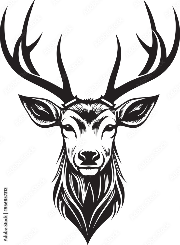 Rain Deer Head Black and White logo illustration for T-shirt design Rain Deer Head Black and White logo illustration for T-shirt design