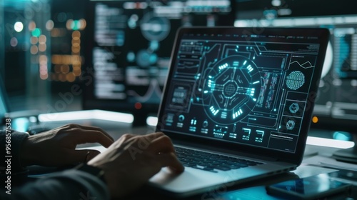 Close-up of a laptop displaying a complex AI model diagram while hands type in a tech-savvy workspace