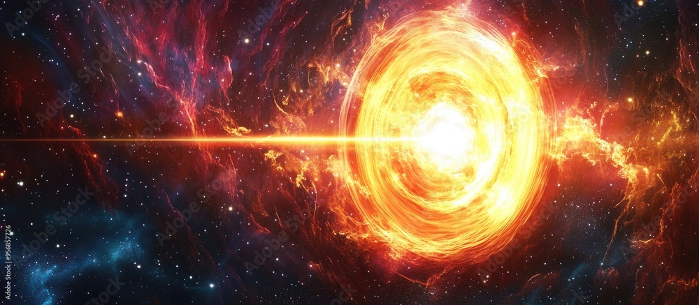 Fototapeta premium Wide shot of a revolving pulsar in a space nebula featuring a 3D cartoon rendering of high energy gamma ray bursts This illustration concept highlights astrophysics with blinking radiation flares