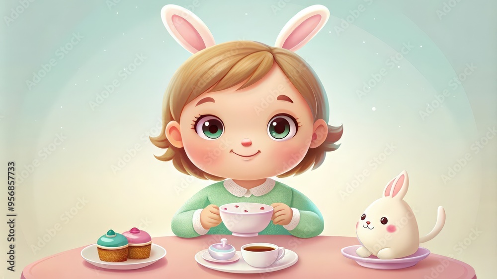 Fototapeta premium Girl with Bunny Ears and Bunny Enjoying Tea and Cupcakes