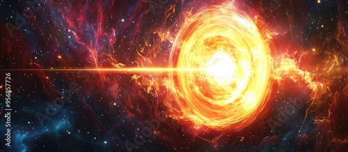 Wide shot of a revolving pulsar in a space nebula featuring a 3D cartoon rendering of high energy gamma ray bursts This illustration concept highlights astrophysics with blinking radiation flares