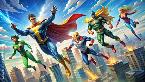 A vibrant, energetic illustration of a diverse group of heroes, each showcasing unique abilities, such as flight, super strength, and energy projection, in a cityscape background. photo