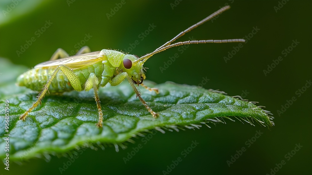 A detailed macro photograph of an insect resting on a leaf. A detailed macro photograph of an insect resting on a leaf.