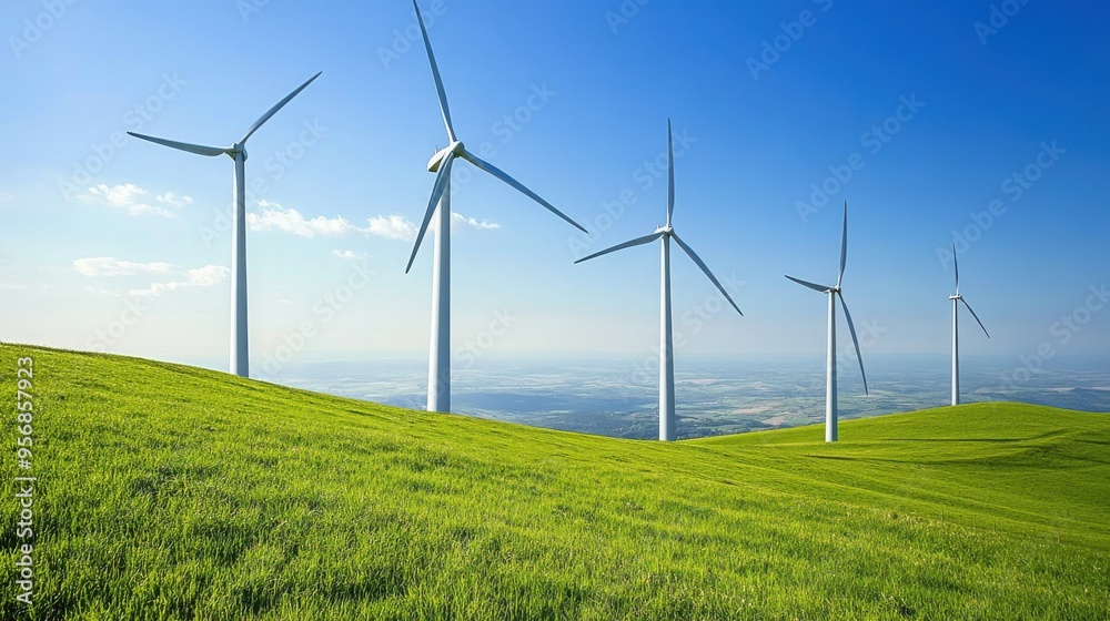 A beautiful landscape featuring wind turbines on green hills under a clear blue sky, symbolizing renewable energy and sustainability. A beautiful landscape featuring wind turbines on green hills under a clear blue sky, symbolizing renewable energy and sustainability.