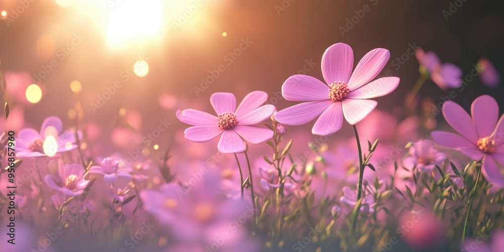 Obraz premium Cosmos flowers in nature featuring a sweet and blurry light pink and deep pink flower background rendered in 3D cartoon style