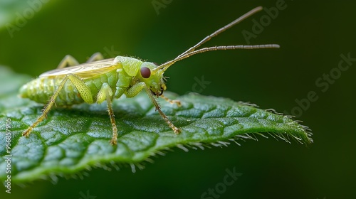 A detailed macro photograph of an insect resting on a leaf.